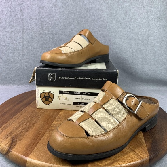 Ariat Shoes Women 9 B Brown Tan Shasta Mule Clogs Leather Woven Buckle Strappy - Picture 1 of 16